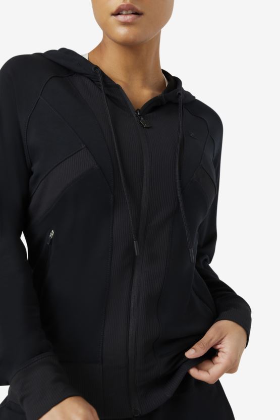 سترة بغطاء للرأس بسحاب كامل من نسيج Fi-Lux باللون الأسود BX00H41932 أسود FILA