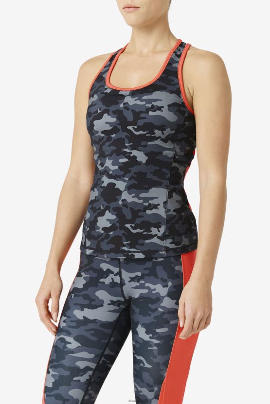 Fila قميص مموه داكن/مرجاني ساخن/أسود اللون من نوع Racerback BX00H41870 كامو داكن/مرجاني ساخن/أسود FILA